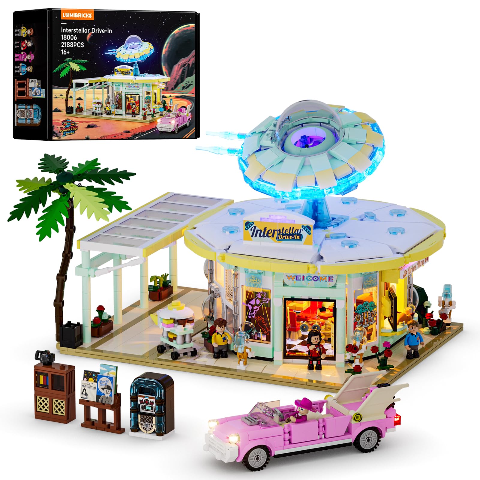 Photo 1 of ***MISSING PARTS***
Lumibricks Interstellar-Diner Lighting-Building-Bricks City Set - 2188 Pcs Road UFO Drive-in Restaurant Modular Collection LED Light Space Car Restaurant Set for Adults and Travelling Enthusiasts