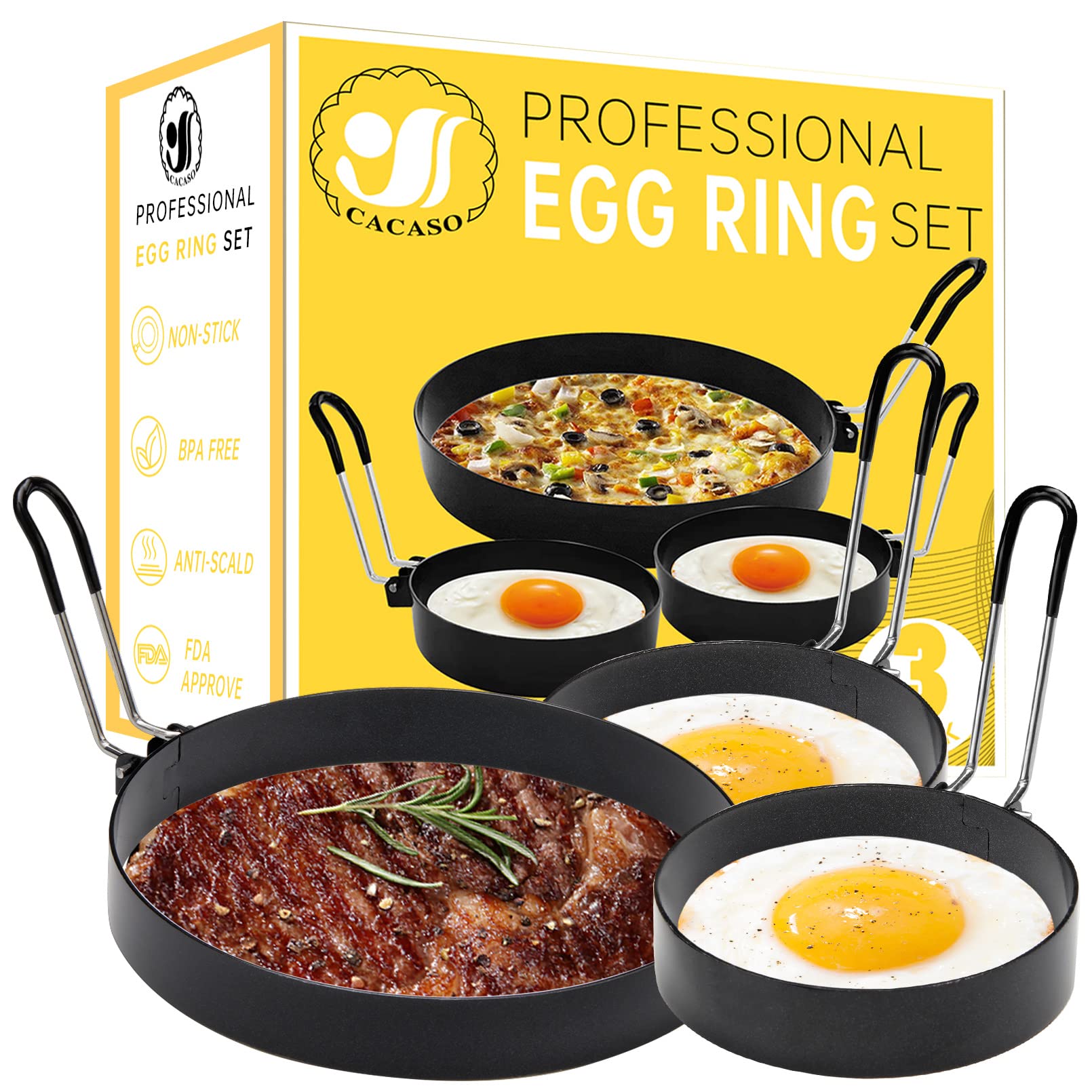 Professional Pancake Mold - Stainless Steel Non Stick Round Egg Ring Mold for Fried Eggs, Pancakes, Sandwiches (Round-1-Large, 2-Small)