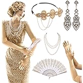 1920s Flapper 20s Gatsby Costume Accessories Set for Women Include Headband Pearl Necklace Earrings Gloves Folding Fan for Women Gatsby Party Champagne
