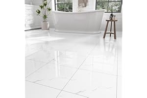 ZRJT 30-Pack Peel and Stick Floor Tiles Vinyl Floor 12 x 12 inch Self Adhesive Waterproof Glossy Flooring Planks DIY for Bathroom, Kitchen, Living Room, RV, Cover 30 Sq. Ft, Polish White Marble