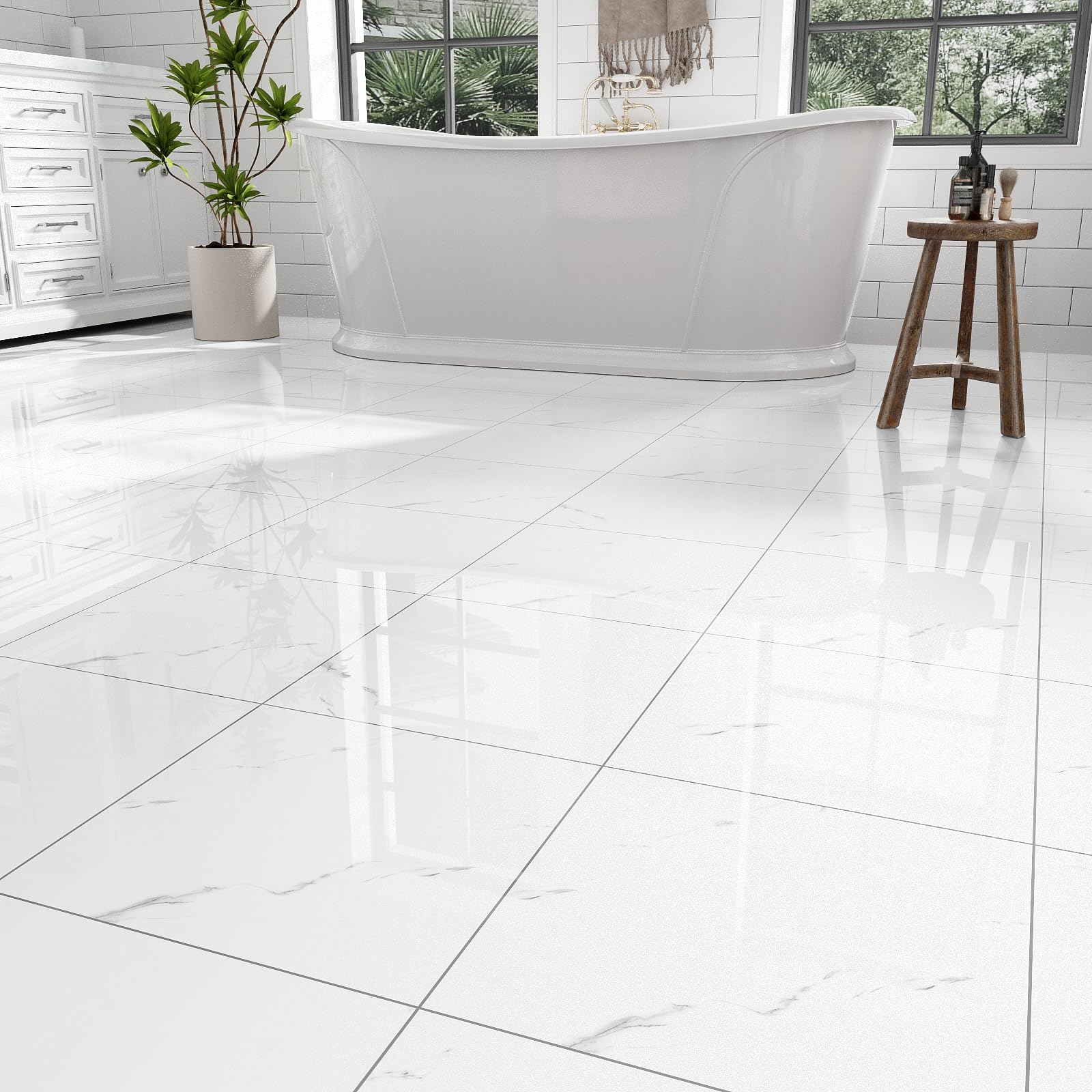 Photo 1 of 30-Pack Peel and Stick Floor Tiles Vinyl Floor 12 x 12 inch Self Adhesive Waterproof Glossy Flooring Planks DIY for Bathroom, Kitchen, Living Room, RV, Cover 30 Sq. Ft, Polish White Marble