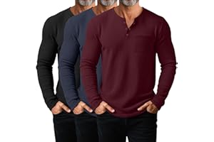 August Alley 3 Pack Men's Waffle Henley Long Sleeve Thermal Shirts, Casual Regular Fit Undershirts Pullover Tops with Pockets