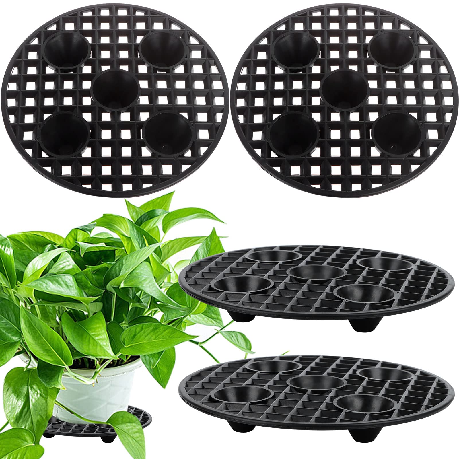 CCCYMM 4 Pcs Heavy Duty Plant Stand, Black Round Pot Holder, Plastic Plant Risers with Flower Pot, Indoor/Outdoor Floor Protector-20 cm / 8 Inch