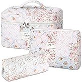 senbowe Floral Makeup Bag, 3 Pack Large Cotton Quilted Makeup Bag Set, Cute Floral Coquette Aesthetic Toiletry Bag Make Up Cosmetic Bag for Women, Toiletry Travel Make Up Organizer Bag