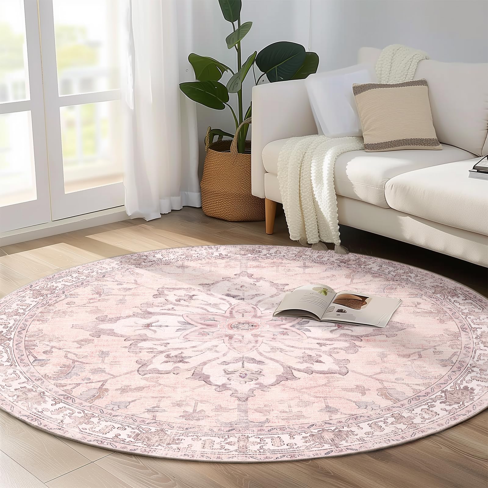 RELEANY Area Rugs 5ft Washable Non-Slip, Floral Vintage Distress Print Pattern Medallion Carpet for Living Room Bedroom Dining Room, Pink Greypink Cute Image