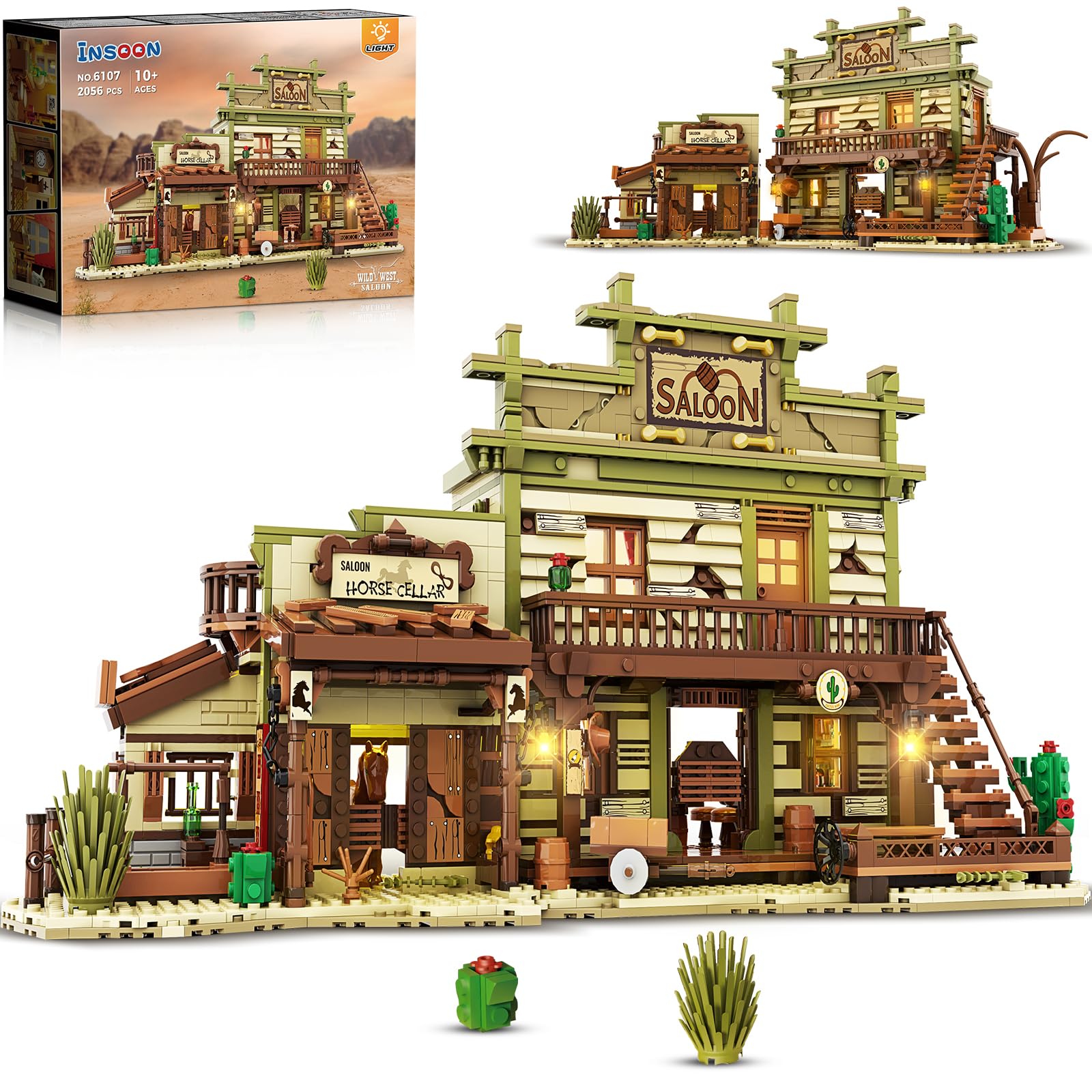Photo 1 of INSOON Western Saloon Building Set with LED Light, Wild West Mini Building Block for Adults, 2056 PCS Construction Model with Horse Stable Cowboy Hat, Building Toy for Teens Kids 10+