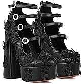 KISTANIA Women's Platform Chunky Heels with Lace Butterfly Square Toe Ankle Strap Mary-Jane Platform Pumps
