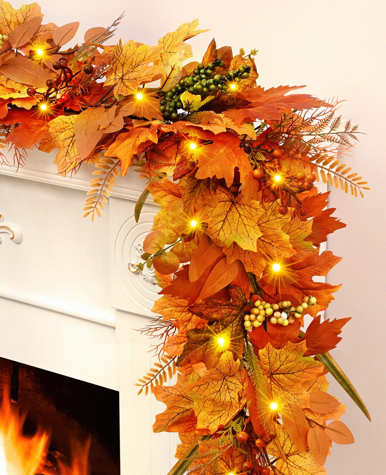 Photo 1 of Yastouay 5.9Ft Fall Garland for Mantle, Fall Leaves Garland with Lights, Lifelike Berries Ferns & Vibrant Maple Leaves for Home Table Party Outdoor Thanksgiving Decor