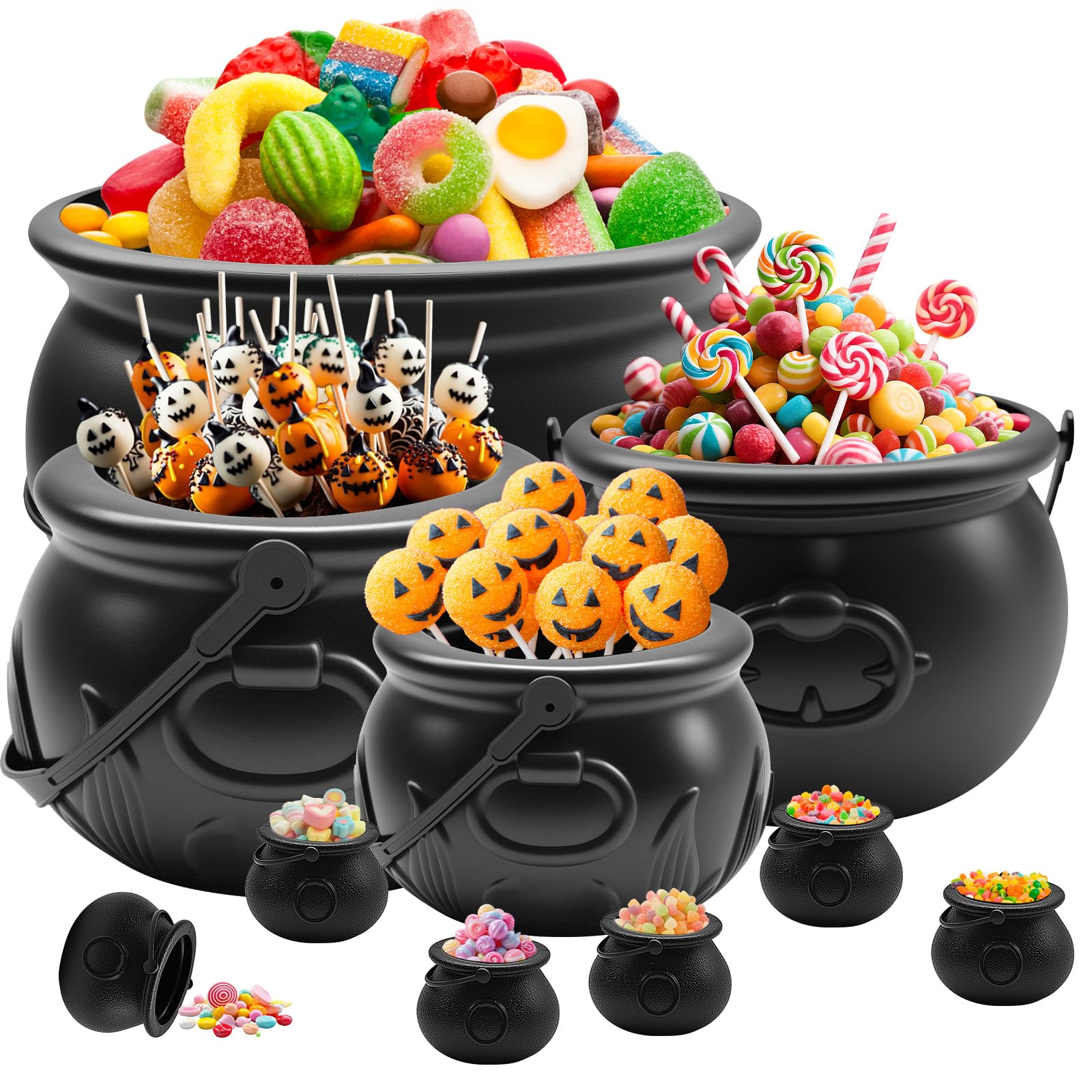 Photo 1 of 10 Pieces Set 12" 10" 8" 6" Plastic Black Cauldron Kettle with 6 Mini 2.8" Buckets, Large Witch Cauldron Pot for Halloween Decorations Trick or Treat Party Supplies, St Patrick's Day Party Favor