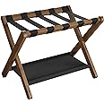 SONGMICS Luggage Rack, Folding Suitcase Stand with Storage Shelf, for Guest Room, Hotel, Bedroom, Heavy-Duty, Holds up to 131 lb, Walnut Brown URLR007D01
