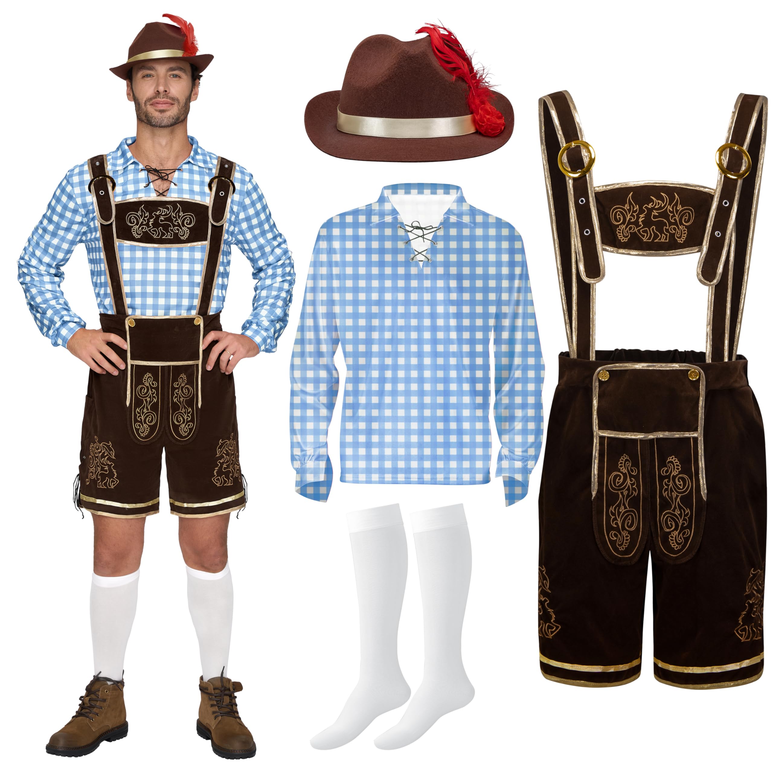 Photo 1 of Spooktacular Creations Men Lederhosen Oktoberfest Outfit Costume, 5 Pack German Bavarian Costume Set with Hat Shirt Socks for Halloween Beer Festival Parties, Blue (Large)