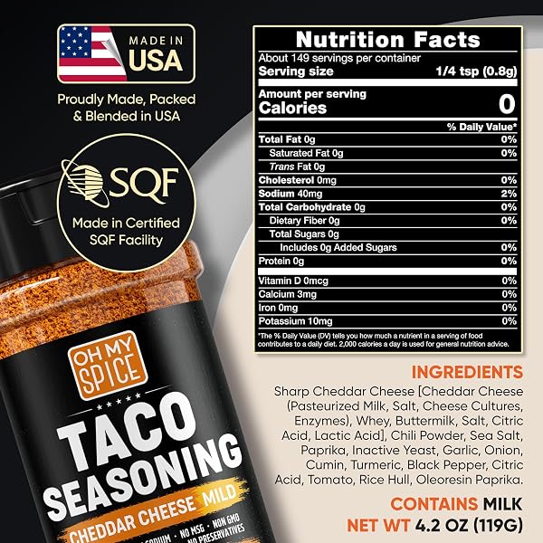 TACO SEASONING MIX CHEDDAR CHEESE POWDER – GLUTEN FREE & LOW SODIUM MILD CHEESY MEXICAN SEASONING BLEND FOR TACO TUESDAY NIGHT. SPICY NACHO CHEESE POWDER FOR FAJITA & BURRITO. HOT TACOS SPICES. 4.2OZ