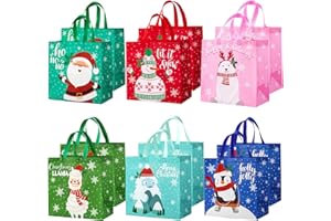 Loveinside Christmas Medium Recycled Gifts Bags with Handles, Reusable Christmas Party Gift Bag, Shopping Bag - 13" x 7" x 13", 12 Pcs, Xmas Cartoon Pattern Design