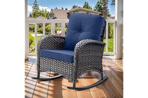 Artfurniz Patio Rocking Chair: Outdoor Wicker Rocker Porch Rocking Chair with Removable Cushion, 300 Lb Weight Capacity Rattan Rocking Seating for Balcony Garden Light Brown/Blue