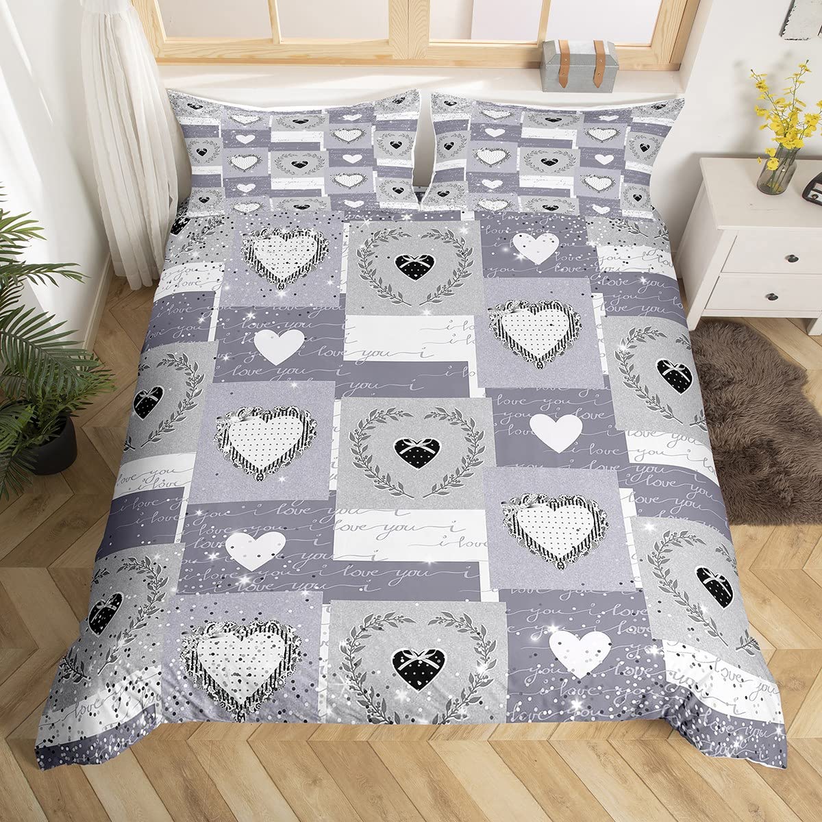 Homewish Cute Hearts Duvet Cover, Grey Geometric Check Buffalo Bedding Sets King, Glitter Stars Comforter Cover, Gray and White Patchwork Bedding, Love You Print Quilt Cover, Valentine's Day Gifts