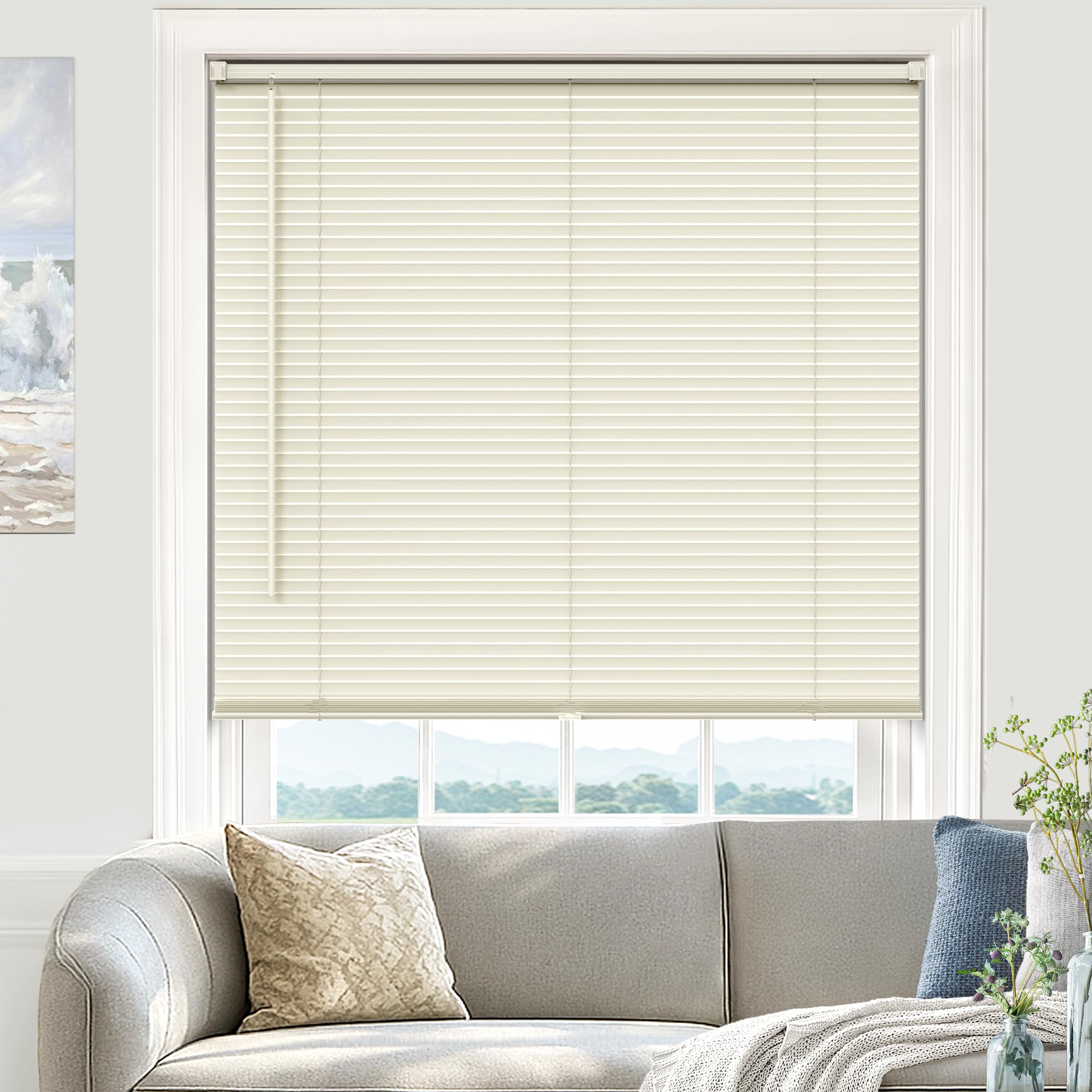 UNISHADES Blinds for Indoor Windows 1" Vinyl L-Shaped Slats Cordless Mini Blinds for Home, 52" W × 64" H - Beige