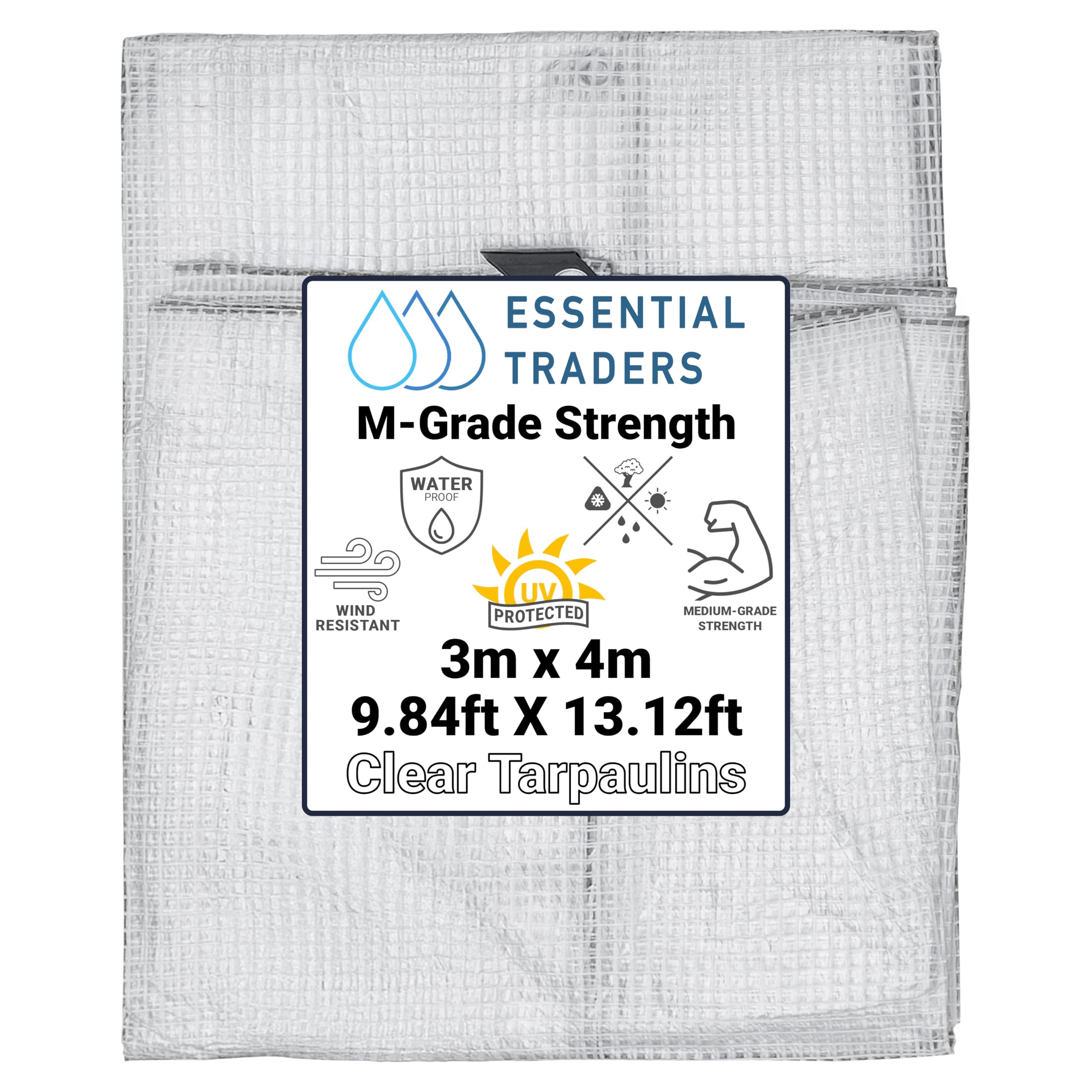 Clear Monotex Heavy Duty Tarpaulin, 100gsm Waterproof Ground Cover Multipurpose Furniture, Caravan, Vehicle, Tool, Camping & Shed Mono Sheet, Medium Weight Reinforced Cotton Mesh (3m x 4m)