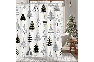 MEHOFOND Christmas Shower Curtain Black and Gold Chrisrmas Tree Shower Curtain Winter Xmas Pine Pattern Holiday Curtain for Bathroom Decor New Year Holiday Decorative Fabric Bathroom Curtain 72x72in