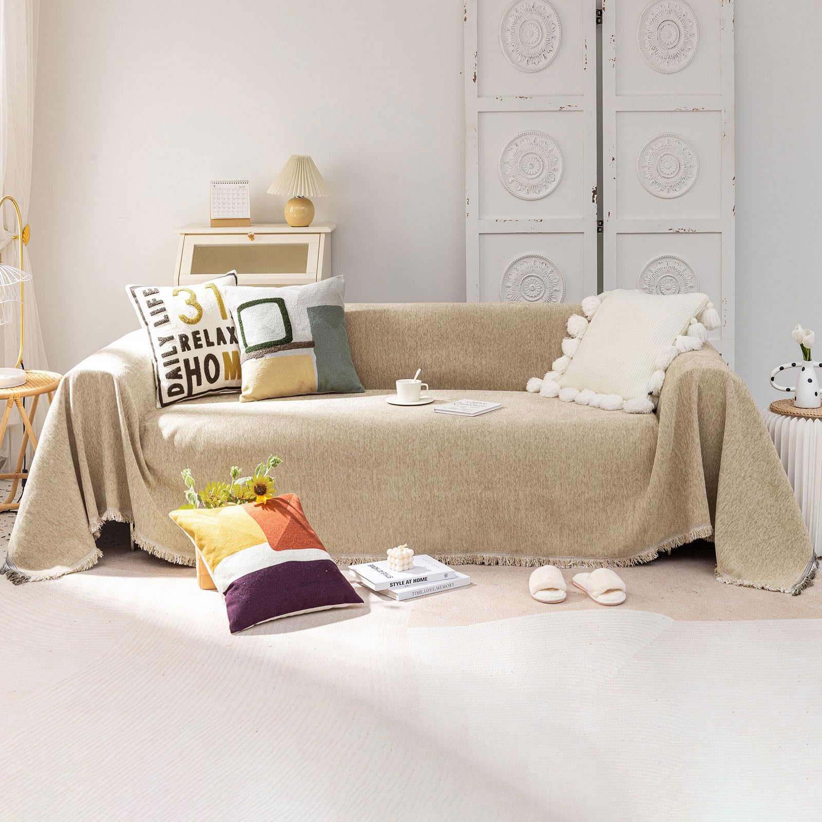 Photo 1 of VClife Boho Sofa Cover Chenille Couch Cover for 2 Cushion Couch, Non Slip Sofa Protector Sectional Couch Covers for L Shape Sofas, Oversized Couch Covers Dogs Furniture Protector, Khaki, 91"x118"