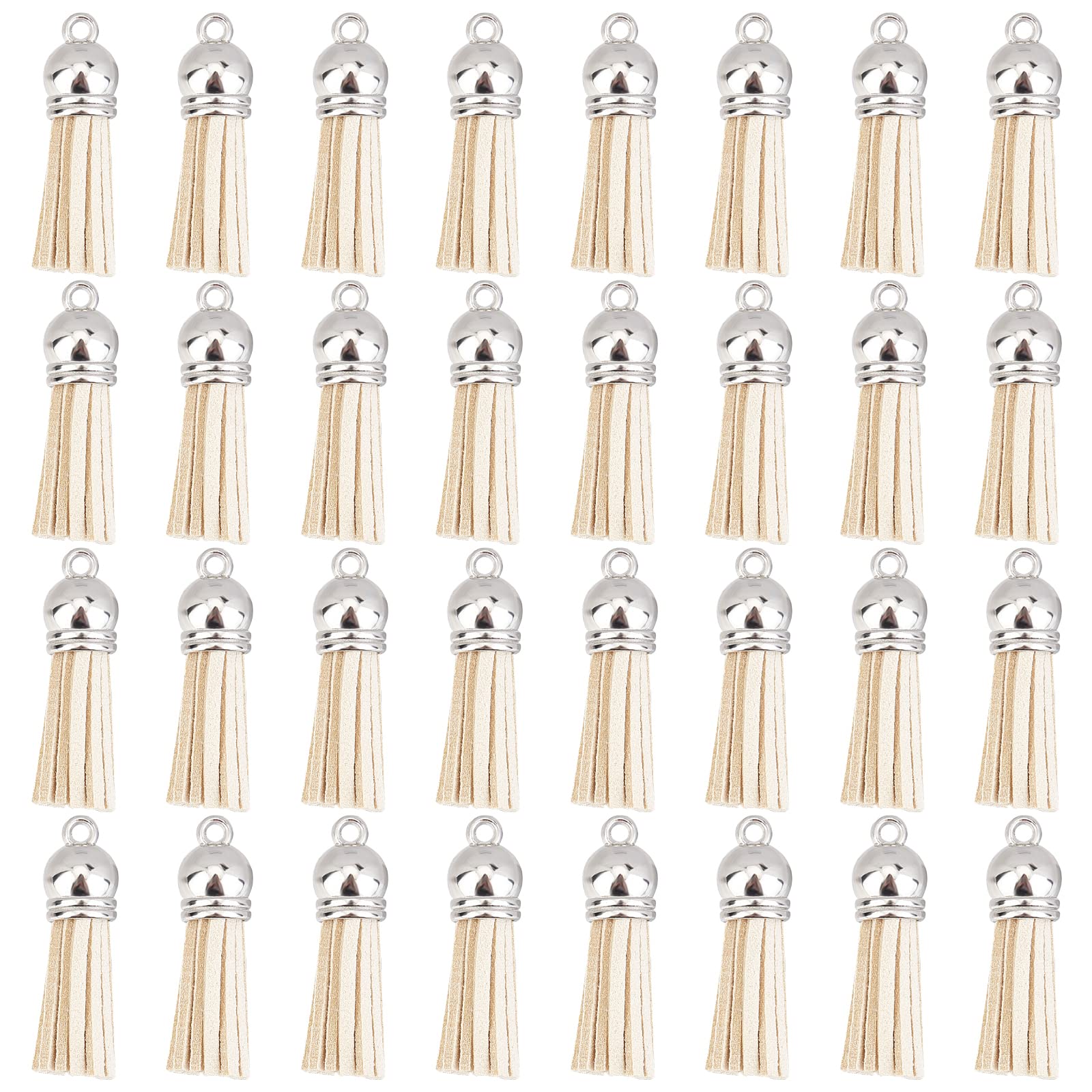 SUNNYCLUE Faux Leather Suede Tassel with Cord Ends Tassels Leather Charms Bulk Keyring Pendants for Keyring Decoration Supplies Bookmarks DIY Necklace Jewellery Making Crafts, White