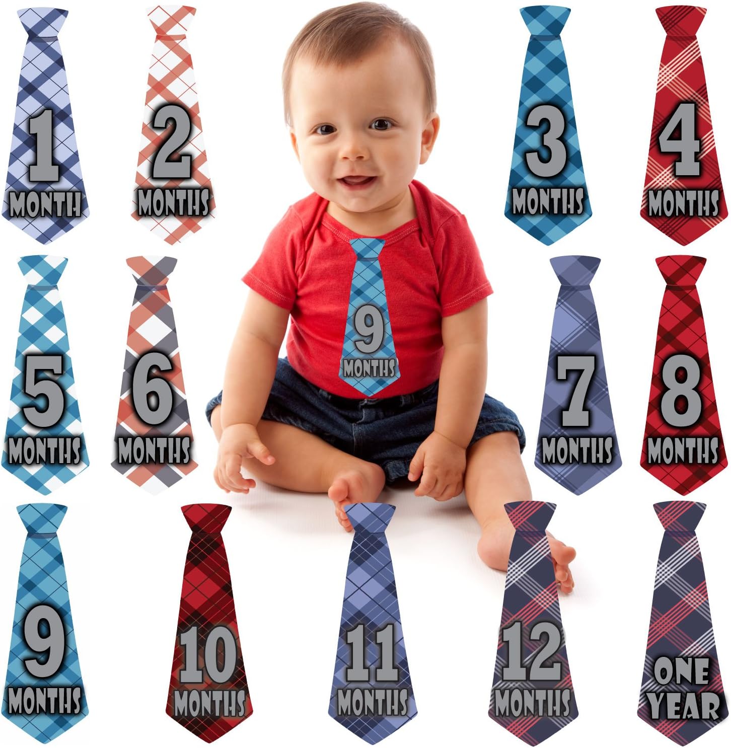 Monthly Milestone Belly Necktie Stickers for Baby Boy - Months 1-12 + One Year Sticker - 13 Pre-cut Vinyl Tie Sticker Set - Shower Gift