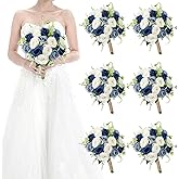 HOMENERGY Set of 6 Bridesmaid Bouquets for Wedding - 7 Inch Artificial Flower Bouquet for Party Ceremony Anniversary Dinning Table Centerpieces Decor -Navy Blue & Dusty Blue & White