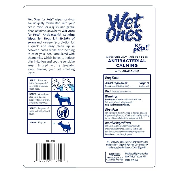 WET ONES FOR PETS ANTIBACTERIAL CALMING WIPES WITH CHAMOMILE, LAVENDER SCENT – DOG CLEANING WIPES – SCENTED, DURABLE AND DISPOSABLE DOG WIPES FOR PAWS, 30 COUNT