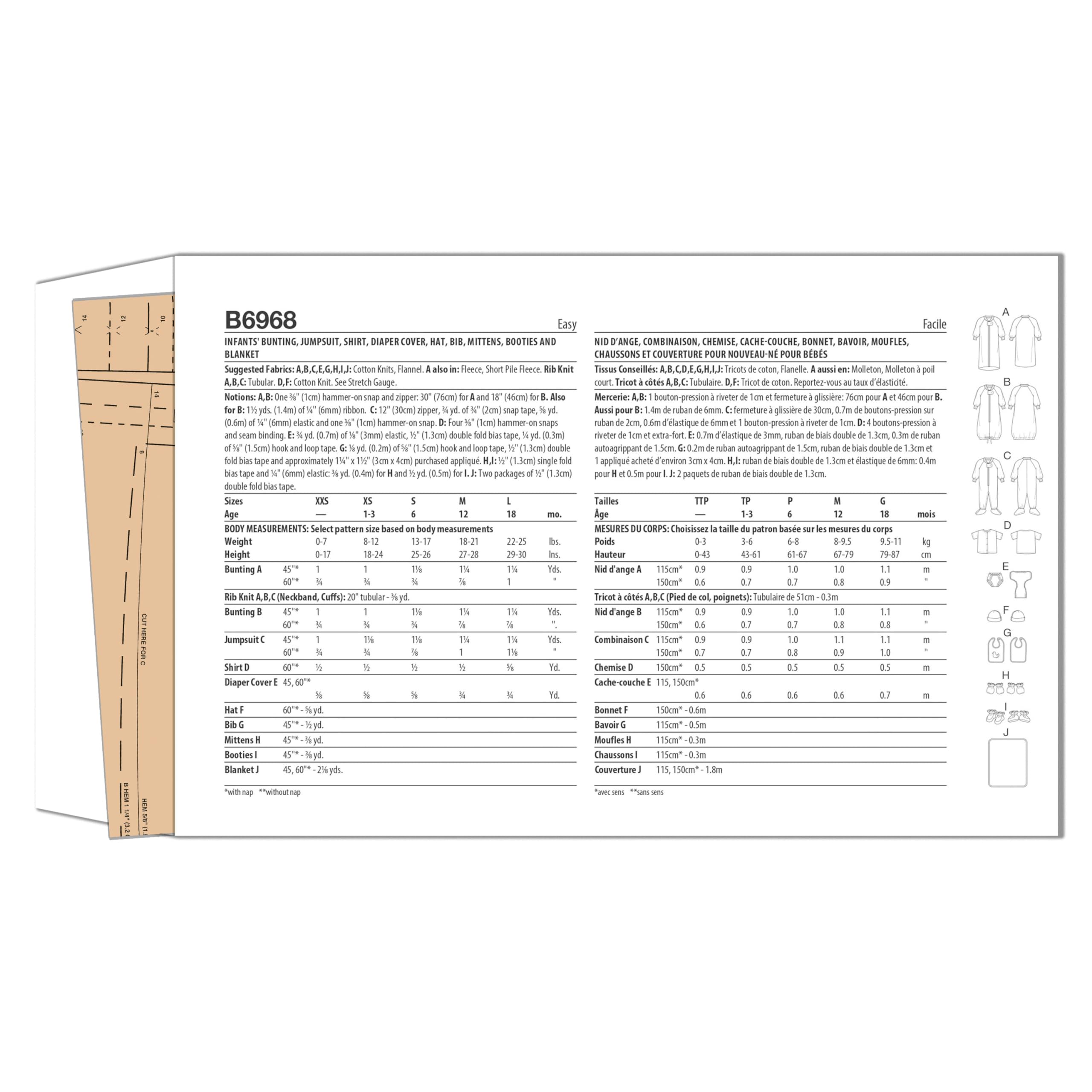 Butterick Infants' Bunting, Jumpsuit, Shirt, Diaper Cover, Hat, Bib, Mittens, Booties and Blanket Sewing Pattern Kit, Design Code B6968, Sizes XXS-XS-S-M-L, Multicolor