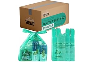HOUZZKINGZ USA 500 Biodegradable Compostable Thank You Plastic Bags - Grocery Shopping Bags with Handles [12" X 6.5" X 22"] Eco Friendly Green Plastic T Shirt Bags for Small Business Restaurant Supplies Retail Store