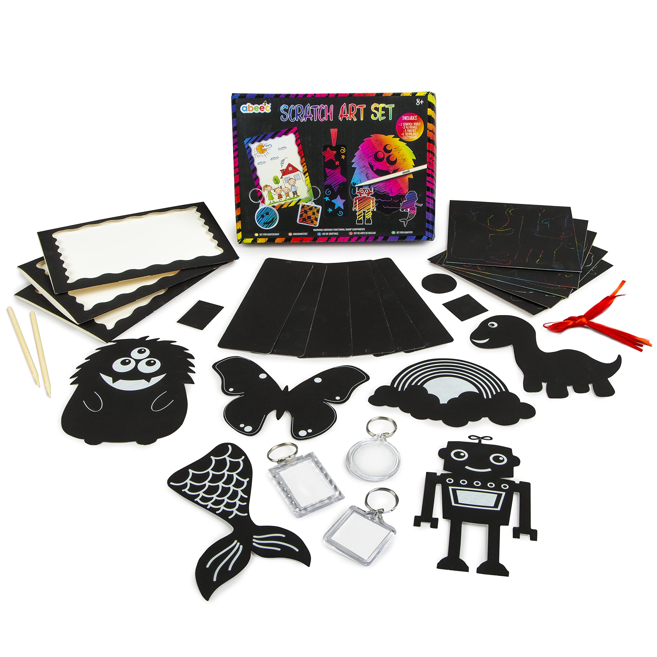 abeec Scratch Art Set For Kids - Includes Scratch Tools, Keyrings, Scratch Art Sheets and Scratch Stickers - Crafts For Kids - Childrens Art Set - Spiral Art Set - Party Bag Fillers For Kids