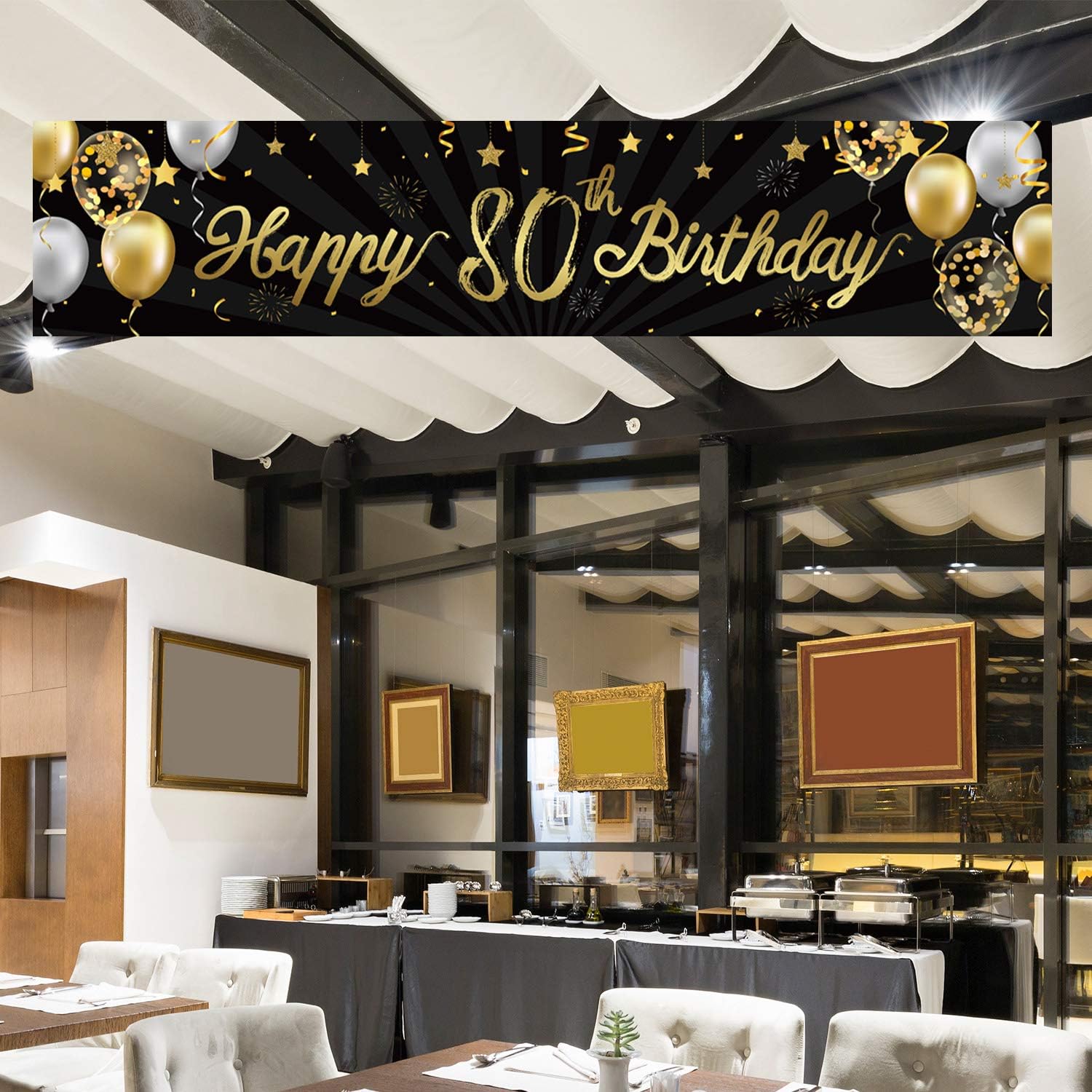 Happy 80th Birthday Banner Sign Black Gold Glitter 80 Years Birthday Party Decorations Supplies Anniversary Celebration Backdrop - Image 4