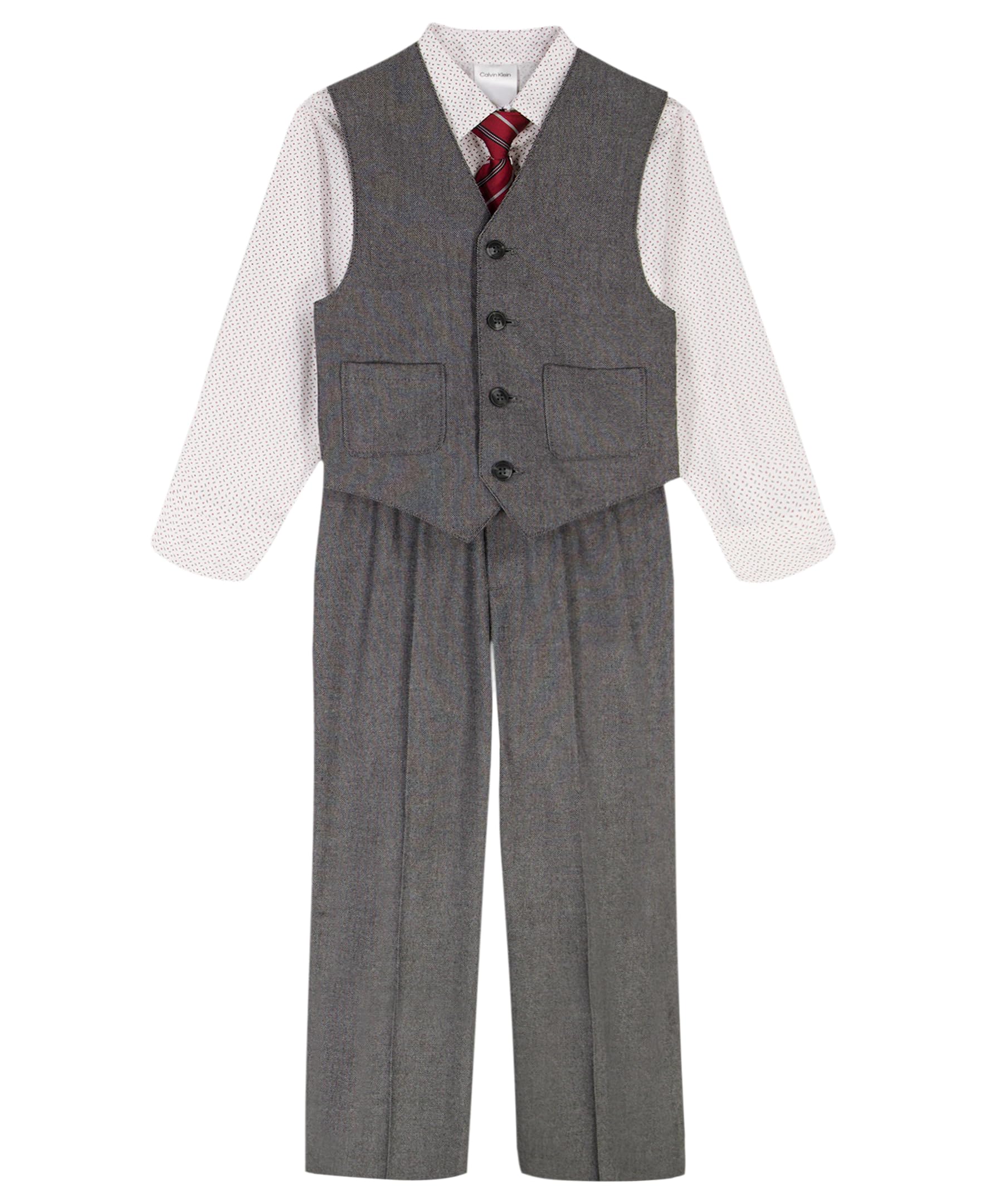 Calvin Klein 4-Piece Formal Dress Up Suit Vest Set, Vest, Pants, Collared Dress Shirt, and Tie, Silverware, 4 Image