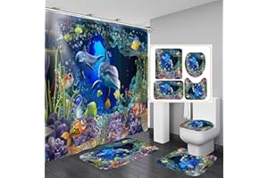 FASHION_MAN OLEBETY 4PCS Dolphin Shower Curtain Set, Tropical Fish Seaweed Coral Reef Bubble Blue Ocean Marine Life Sea Animal Bathroom Decor Non-slip Bath Mat Toilet Rug, Gifts for Kids, Cartoon Underwater World