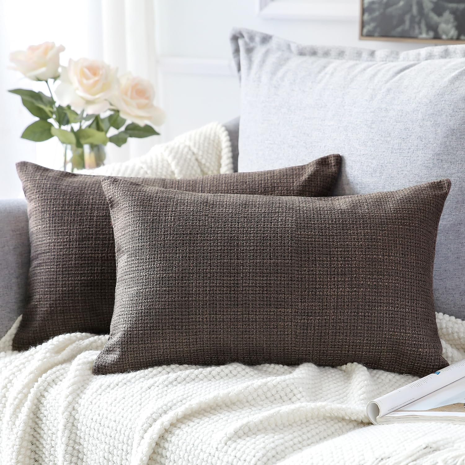 Artscope Cushion Covers Set of 2 Linen Decorative Square Pillowcases Pillow Covers 30x50cm for Home Decor Sofa Bedroom Car (Dark Brown, 12x20)