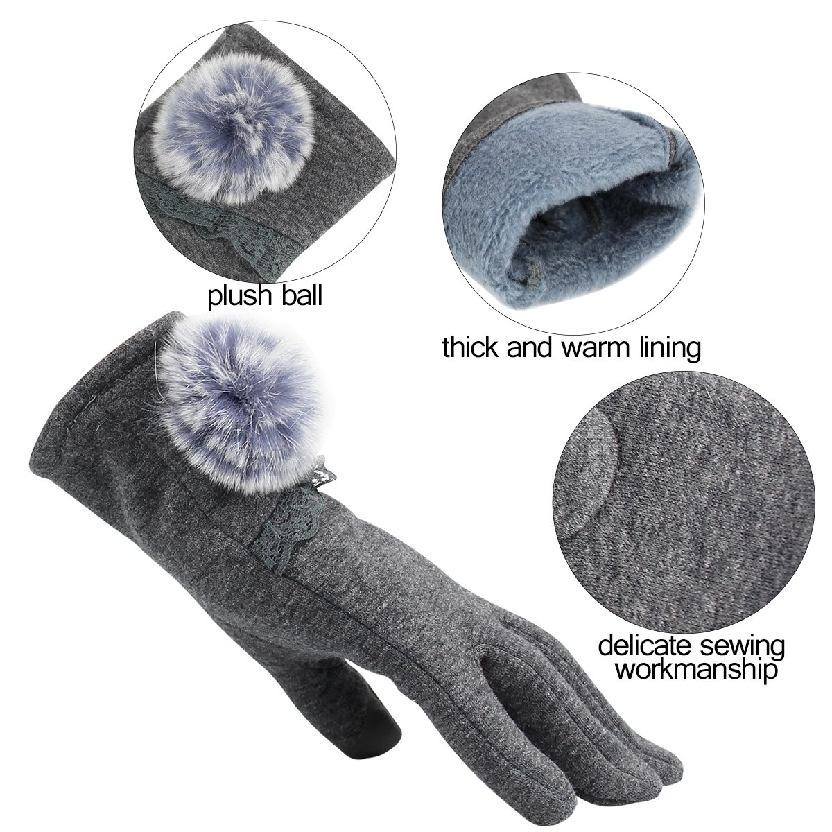Nouveaux Gants Chauds de Femmes Mode féminine Extérieure Ecran Tactile Sports d\'hiver de plein air Gants Pompon Elégant Dentelle - Gris