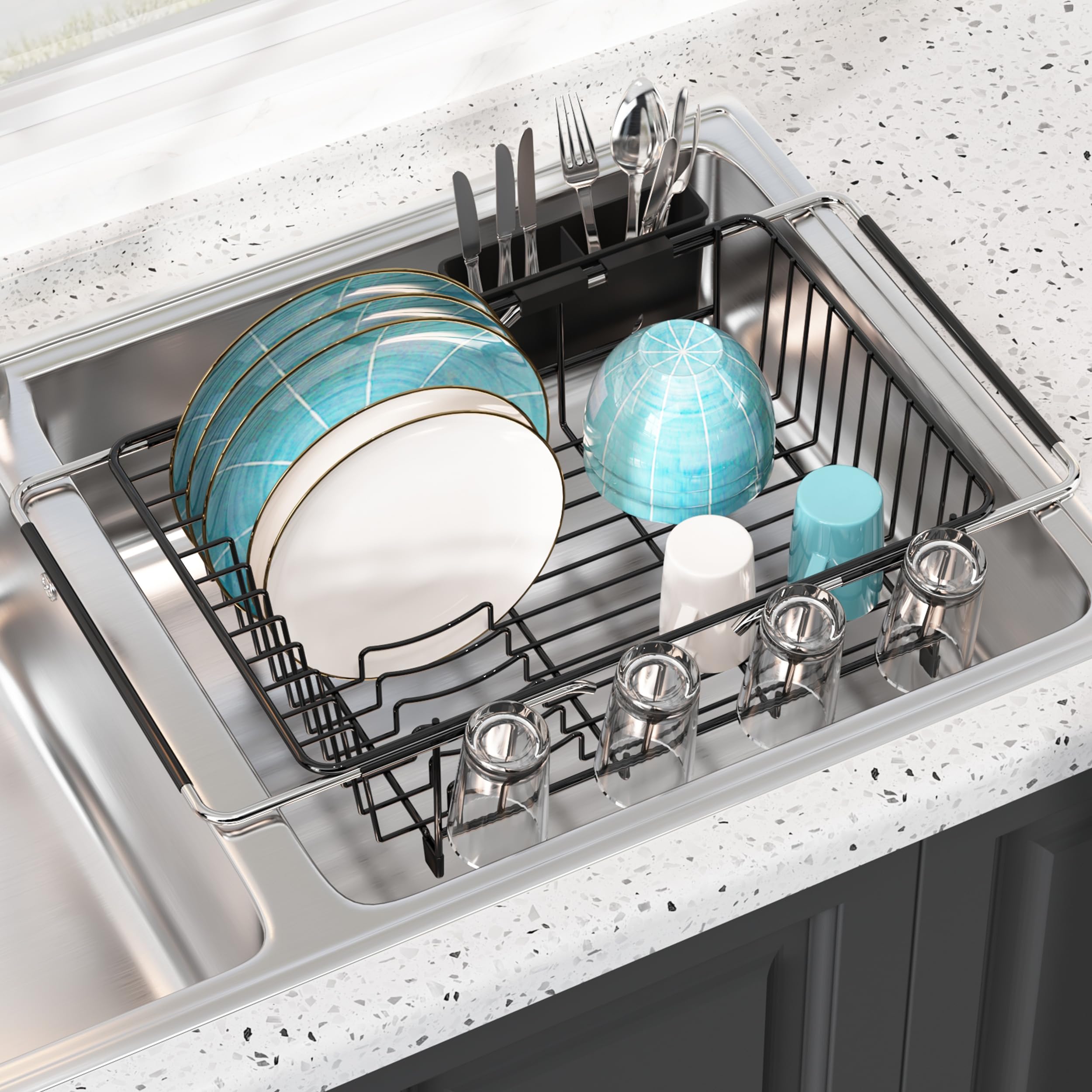 Photo 1 of JASIWAY Dish Drying Rack in Sink, Over The Sink Colander Strainer Basket, Stainless Steel Strainer Basket with Expandable Rubber Grip Handles for Vegetables, Fruits, Home Kitchen Essentials, Black