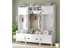 LostCat Hall Tree with Bench and Shoe Storage,Modern Style 4-in-1 Hall Tree,Shoe and Coat Rack for Entryway,with 7 Hooks and Storage,for Mudroom Entryway Hallway Livingroom Bedroom,White