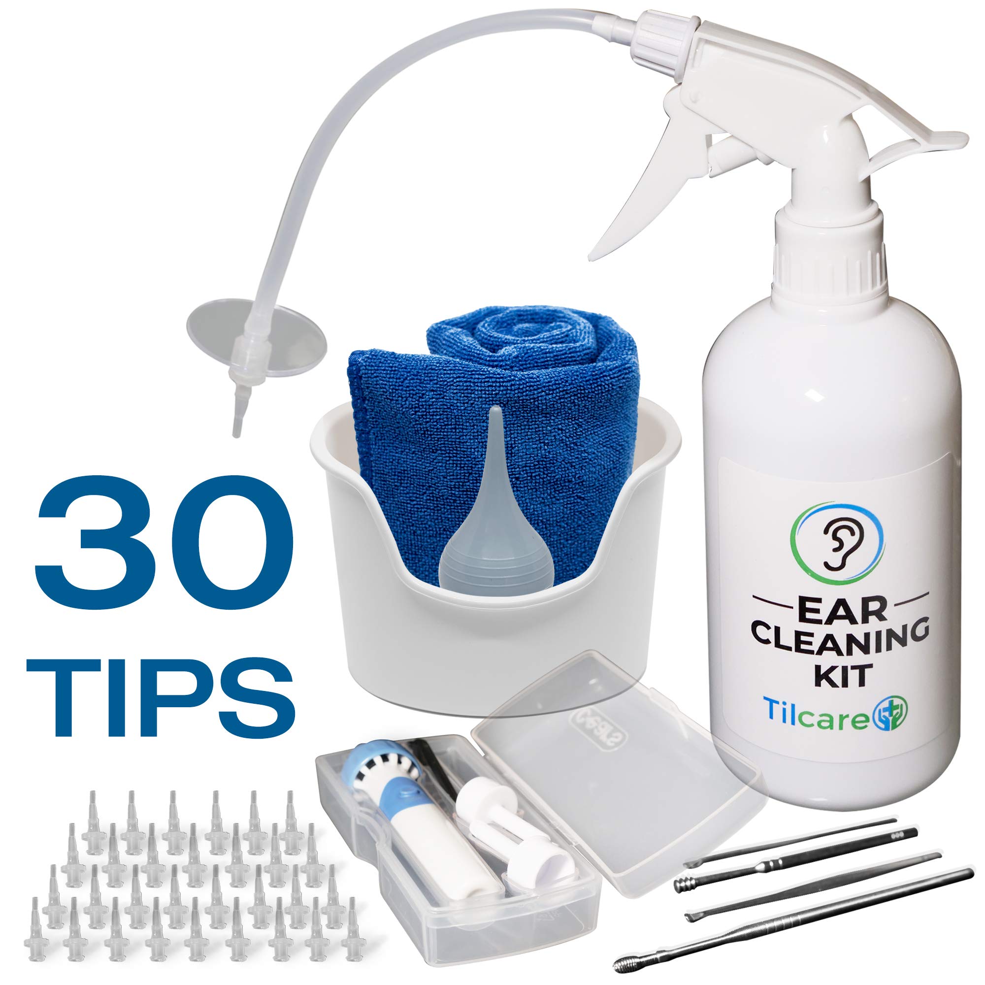 Ear Wax Removal Tool by Tilcare - Ear Irrigation Flushing System for Adults & Kids - Perfect Ear Cleaning Kit - Includes Electric Vacuum Removal Tool, Basin, Syringe, Curette Kit, Towel and 30 Tips