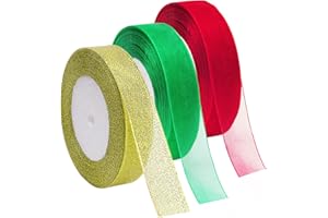 Livder 3 Rolls 125 Yard Christmas Organza Glitter Ribbons for Gift Wrapping, Christmas Tree Room Decoration