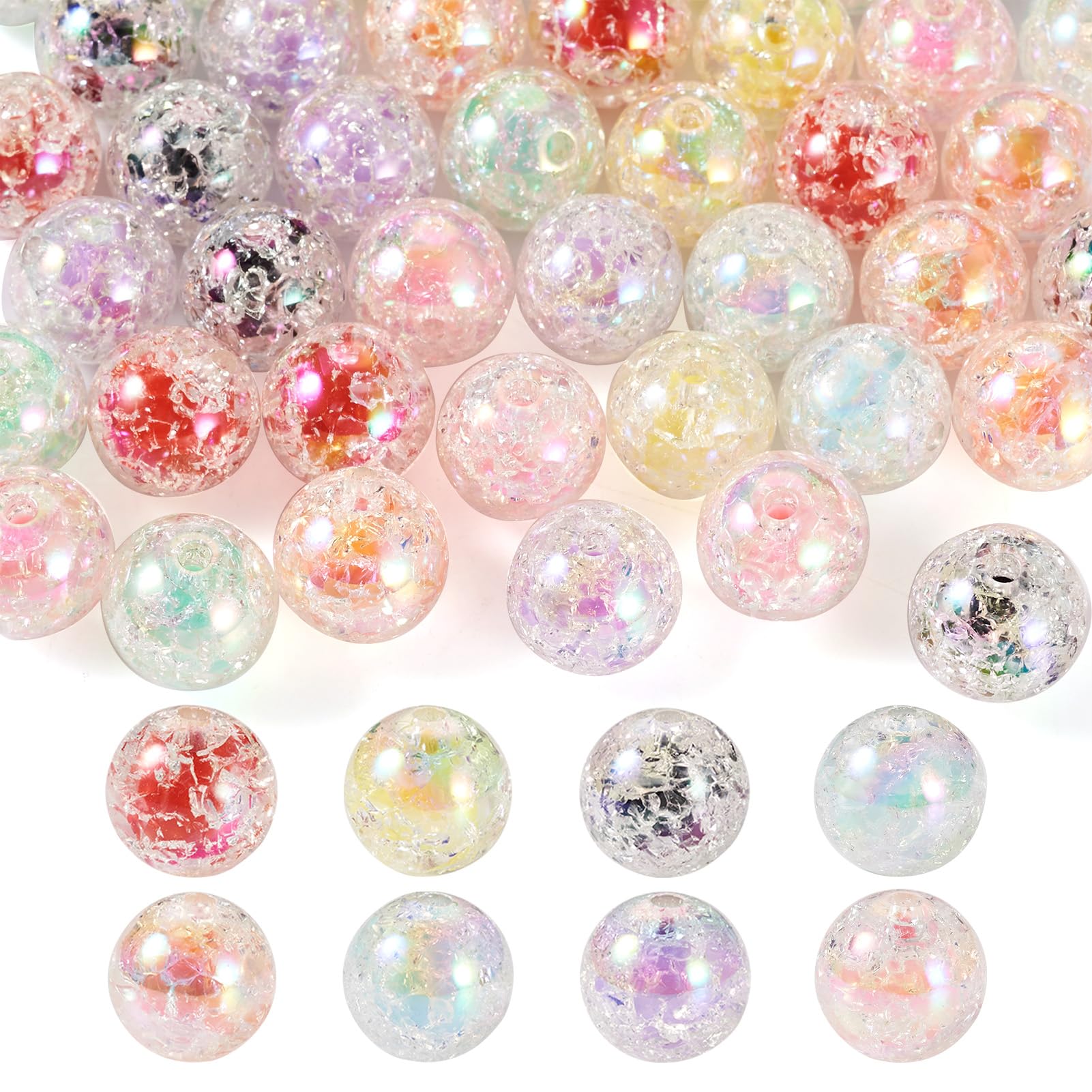 Beadthoven 40pc Crackle Acrylic Beads - Iridescent 8 Colors, Large Hole, 16MM Transparent Round Spacer Beads for DIY Bracelet & Necklace Jewelry Making