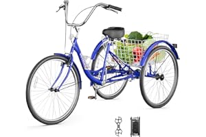 OUTROAD OUTDOOR CAMPING GARDEN PATIO Outroad Comfort Tricycle, 24/26 inch 1 Speed Cruiser Trike, 3 Wheel Bikes with Large Basket for Seniors, Women, Men, Adult Trikes for Shopping Picnic Outdoor Sports,Blue Red and Purple