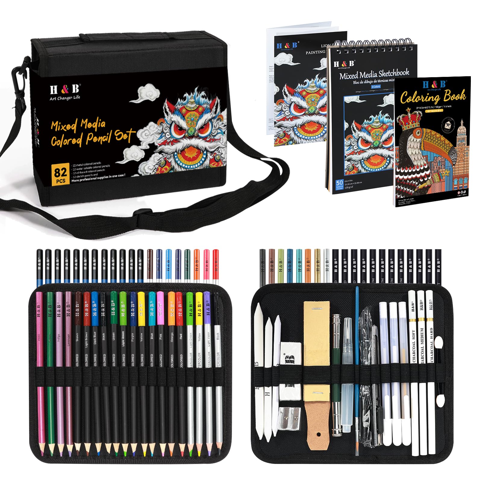 H & B Colouring Pencils Colored Pencil Set 82pcs with Portable Zipper Shoulder Bag 2 Sketch Books Art Supplies Drawing Kit for Adult Coloring and Artists Sketching Black
