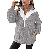 Rapbin Women Half Zip Pullover Long Sleeve Casual Fuzzy Sherpa Fleece Jacket Sweatshirts Winter Outerwear Top with Pockets