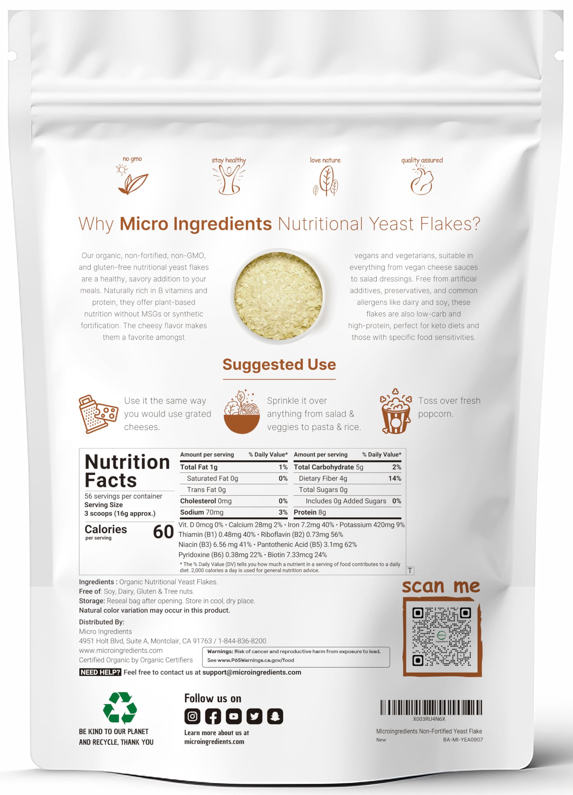 Organic Non-Fortified Nutritional Yeast Flakes, 2 Pounds (32oz) | Rich in Vegan Protein, B Vitamins & Beta-glucans | Keto Friendly, Dairy Free Cheese Substitute, Non-GMO, Gluten Free