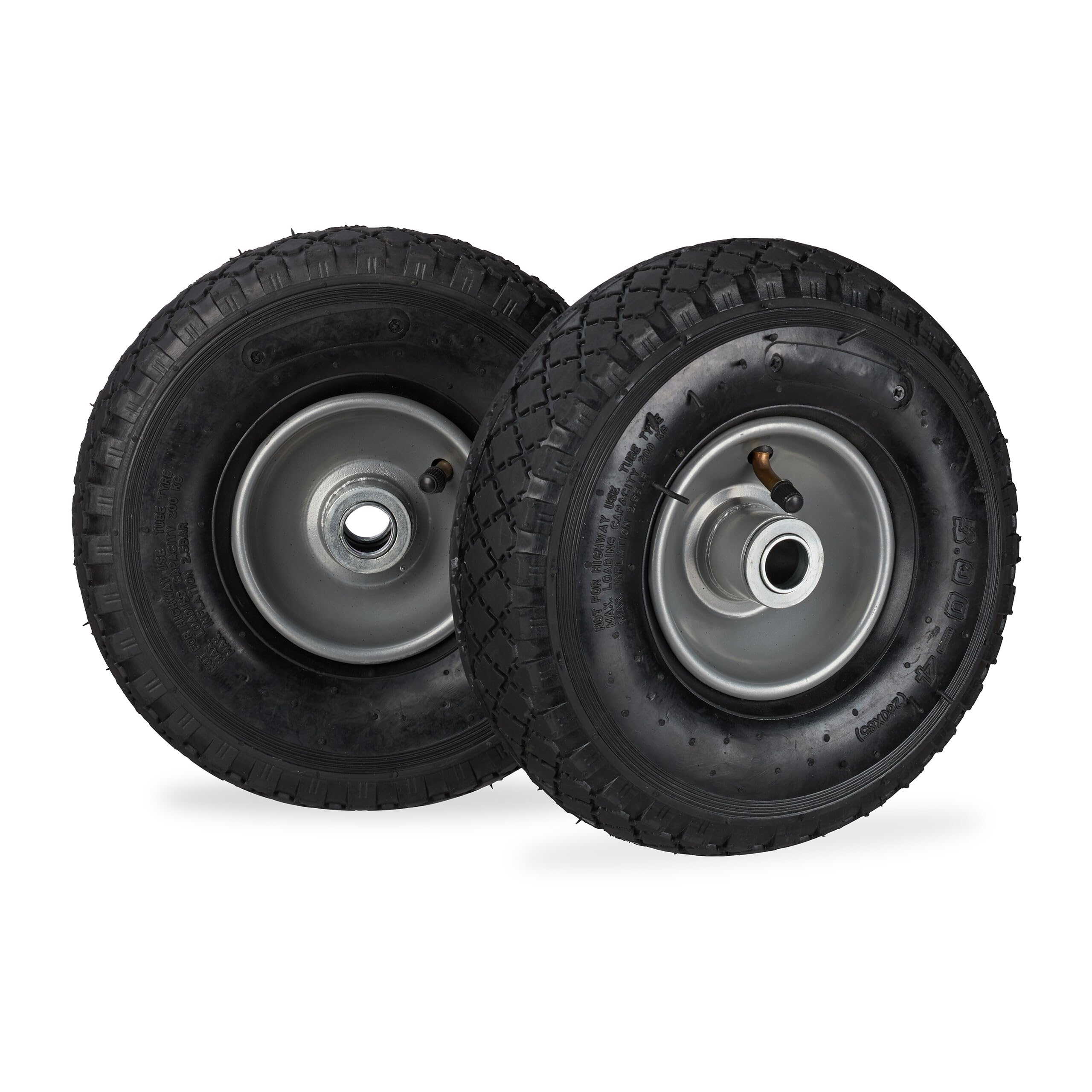 Relaxdays Hand Truck Wheels 3.00-4, Set of 2, Pneumatic, Up to 100 kg, 260 x 85 mm, Steel Rim Tyres, Black/Gray