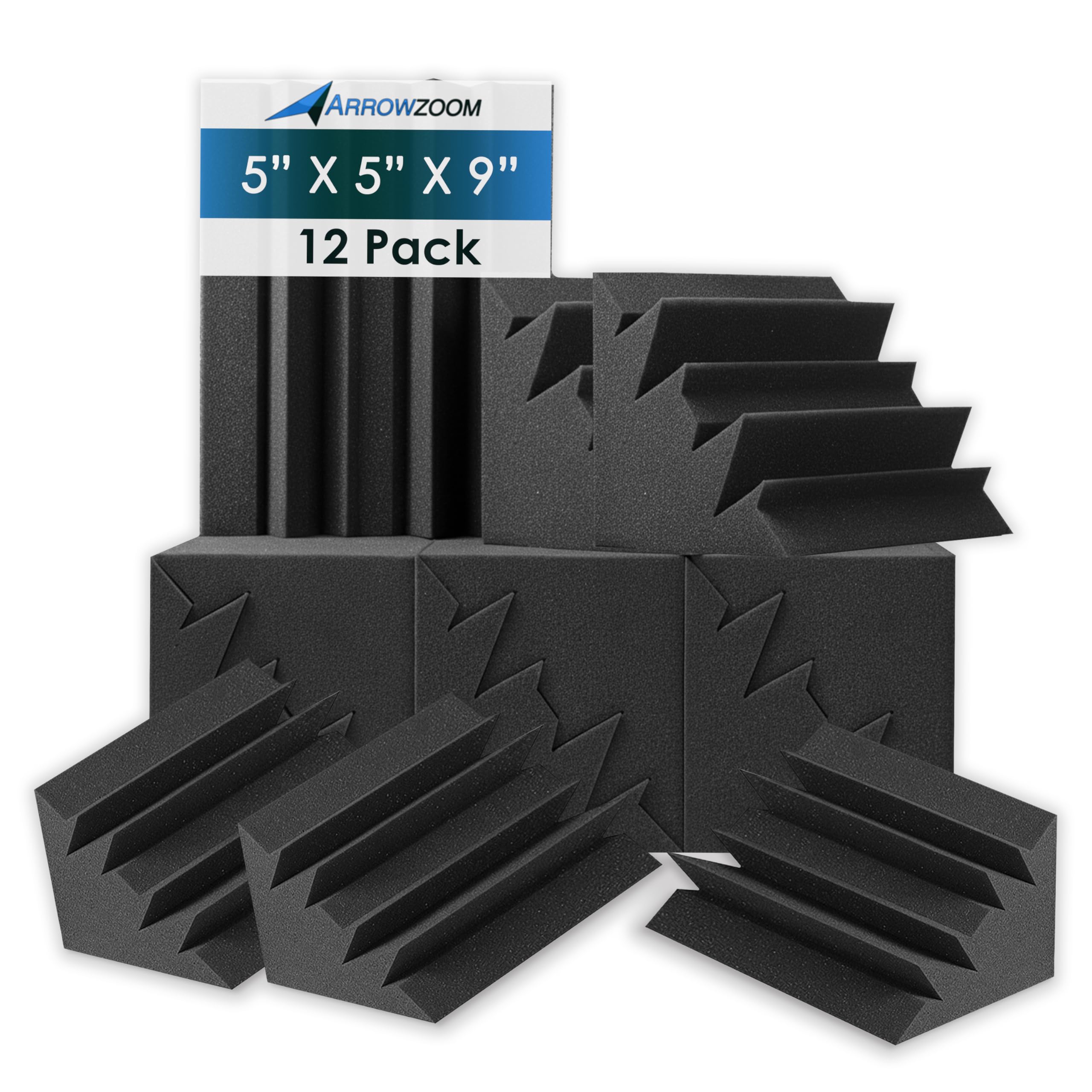 Arrowzoom 12 Bass Traps Acoustic Foam Tiles Sound Treatment Absorbing Panels 12x12x24cm Deadening Echo Removal Noise Dampening Wall Fire Retardant Black Low Frequencies 60-300hz Recording Studio 1133