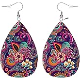 Zokola Paisley Flowers Drop Dangle Earrings, Colorful Ethnic Batik Floral Earrings Charm Jewelry For Womens Friends, Lightweight Faux Leather Drop Dangle Earrings Set