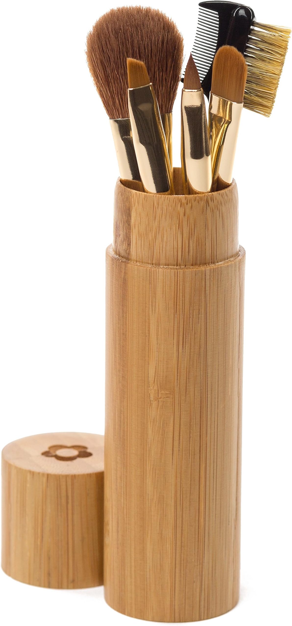 Makeup Brush Set - Beautiful Compact Bamboo Case Perfect for at Home, Purse & Travel with 5 Brushes for Blush/Bronzer, Eye Shadow, Lip Liner, Eyebrow/Eyelash, Concealer. All in One Make Up Brushes Kit