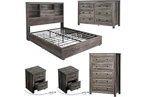 LUXOAK 5-Piece Farmhouse Bedroom Set, 1 X Queen Size Bed Frame, 1 X 5 Drawer Dresser, 1 X Wood Rustic 6 Drawer Storage Dresser, Nightstand Set of 2 with Charging Station, Bedroom Furniture Set, Grey