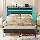 Rolanstar Full Size Bed Frame with USB Charging Station, LED Bed Frame with Wood Storage Headboard, Black Metal Platform Bed with Under Bed Storage, No Box Spring Needed, Noise Free